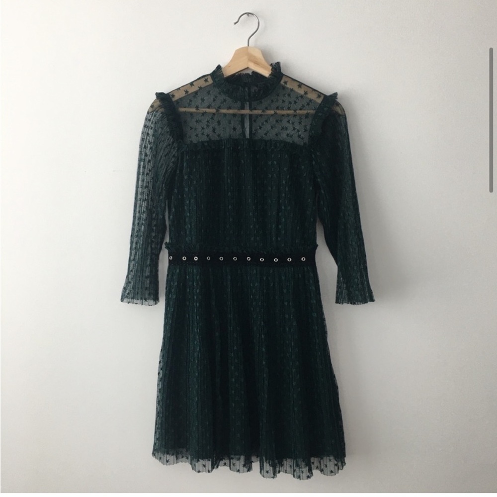 NWOT TOPSHOP Dark Green Plisse Star Mesh Skater Dress Size US 6